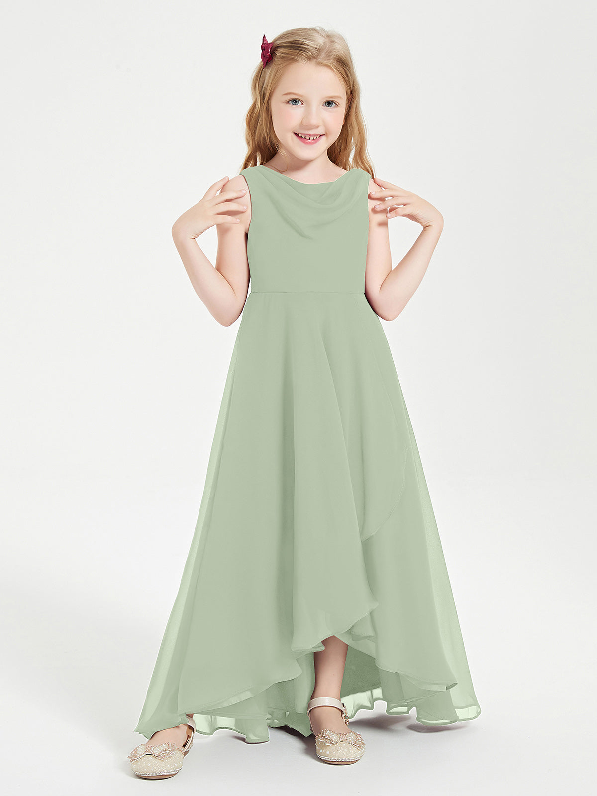 Modern Asymmetrical Cowl Neck Junior Bridesmaid Dresses Dusty Sage
